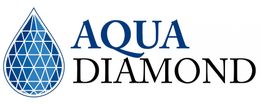 Logo mit blauem Tropfen und Text "Aqua Diamond" in blauer und schwarzer Schrift.