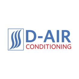 Logo of D-Air Conditioning with blue waves and text in blue and red.