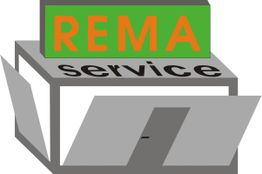 Logo mit Schriftzug "REMA service" in einer stilisierten grauen Box.
