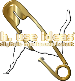 Eine goldene Sicherheitsnadel und der Text "h. use ideas digitale medienwerkstatt".