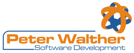 Logo mit Text "Peter Walther Software Development" und einem stilisierten, orangenblauen Globus.