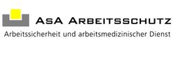 Logo von AsA Arbeitsschutz mit grauer und gelber Grafik, Text: "Arbeitssicherheit und arbeitsmedizinischer Dienst".