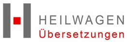 Logo von Heilwagen Übersetzungen mit grauem und rotem Schriftzug sowie Symbol.