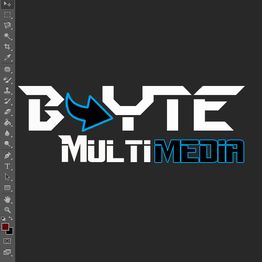Logo van "BYTE Multimedia" met blauwe pijl op zwarte achtergrond.