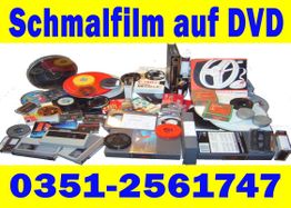 Schmalfilme und DVDs mit der Aufschrift "Schmalfilm auf DVD" und einer Telefonnummer darunter.
