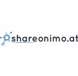 Logo mit Netzwerk-Symbol und Text "shareonimo.at" in Blau und Schwarz auf weißem Hintergrund.