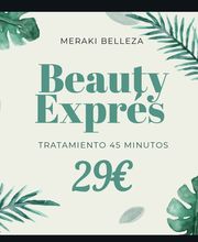 Anuncio "Beauty Exprés": Tratamiento de 45 minutos por 29€, decorado con hojas verdes.