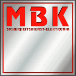 Logo mit rotem Text: "MBK Sicherheitsdienst-Elektronik" auf silbernem Hintergrund.