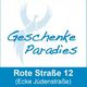 Logo mit Schriftzug "Geschenke Paradies", Adresse: Rote Straße 12, Ecke Jüdenstraße.
