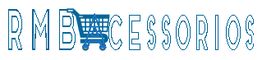 Logotipo com as palavras "RMB Acessórios" e um carrinho de compras azul no lugar da letra "A".