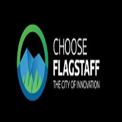 Logo with mountains, "Choose Flagstaff: The City of Innovation" on black background.