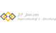 Logo met tekst "JP Janzen Tegelzetbedrijf & Afwerking" en twee verweven ruiten in geel en grijs.
