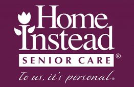 "Home Instead Senior Care logo with slogan 'To us, it's personal' on a purple background."