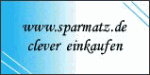 Text "www.sparmatz.de clever einkaufen" vor blau-weißem Hintergrund.
