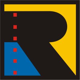 Ein stilisiertes "R" in gelb, blau und rot auf schwarzem Hintergrund.