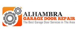 Logo of Alhambra Garage Door Repair with gear icons and orange background.