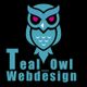 Logo mit einer türkisfarbenen Eule und Text "Teal Owl Webdesign" auf schwarzem Hintergrund.