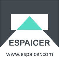 Logotipo de Espaicer con un triángulo verde y un fondo gris. Texto: www.espaicer.com.
