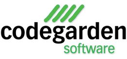 Logo der Firma "codegarden software" mit grünem Schriftzug und schwarzen Buchstaben.