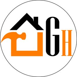 Logo mit Haus- und Hammer-Symbol in Schwarz und Orange, daneben Buchstaben "GH".