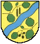 Wappen: Gelber Hintergrund mit blauem Fluss, umgeben von grünen Blättern und drei schwarzen Punkten.