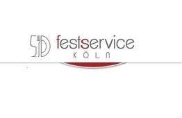 Logo von "Festservice Köln" mit Bestecksymbol kombiniert aus Messer und Gabel links vom Text.