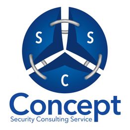 Blaues Logo mit einem Kreis, der Buchstaben SSC enthält, darunter steht "Concept Security Consulting".