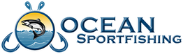Ocean Sportfishing logo with fish, waves, and hooks design.