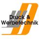 Logo mit Schriftzug "Druck & Werbetechnik" in Grau und Orange, stilisierte Buchstaben im Hintergrund.