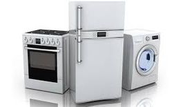 Fogão, geladeira e máquina de lavar em fundo branco.