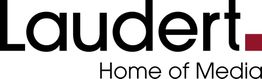 Logo mit Text "Laudert. Home of Media" in schwarzer und roter Schrift.