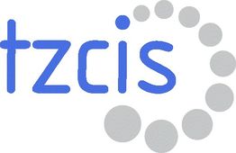 Logo mit blauem Text "tzcis" und grauen, kreisförmig angeordneten Punkten rechts.