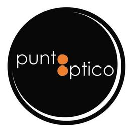 Logotipo con texto "punt óptico" en blanco y naranja, sobre fondo negro en forma de círculo.