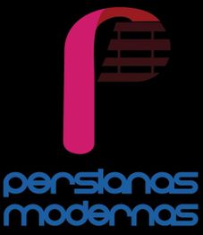 Logotipo con letra estilizada "P" y texto "persianas modernas" en azul sobre fondo negro.