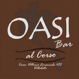 Logo del "Oasi Bar al Corso" con palma sfumata sullo sfondo marrone, Villabate.