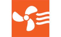 Weißer Ventilator und Luftströme auf orangefarbenem Hintergrund.