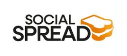 "Logo met tekst 'Social Spread' en afbeelding van een sandwich in oranje tinten."