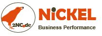 Logo mit Vogel, Text "2NC.de", "NiCKEL", "Business Performance" in Orange und Schwarz.