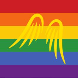 Regenbogenflagge mit gelben Engelsflügeln in der Mitte.