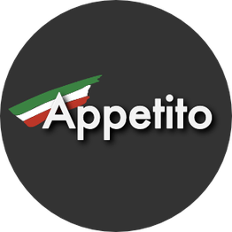 Schwarzes Logo mit dem Wort "Appetito", darüber italienische Flagge stilisiert.