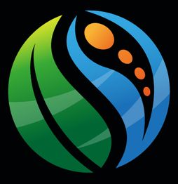 Buntes Logo mit S-förmigem Muster, grün, blau und orangefarben auf schwarzem Hintergrund.