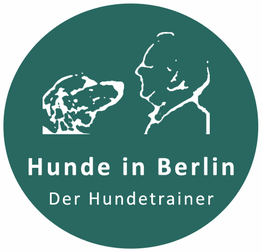 Hund und Mann, Schriftzug "Hunde in Berlin - Der Hundetrainer", weiß auf grünem Hintergrund.