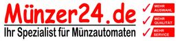Münzer24.de Logo in Rot, Text: Ihr Spezialist für Münzautomaten, mit drei Häkchen.