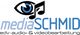 Logo der Firma Media Schmid mit einem Auge und Musiknote. Text: "EDV, Audio- und Videobearbeitung".