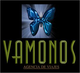 Logo con mariposa azul y texto: "VAMONOS Agencia de Viajes".