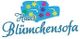 Logo mit blauem Sofa und bunten Blumen, darunter der Schriftzug "Haus Blümchensofa".