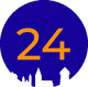 Zahl 24 in Orange auf blauem Kreis, darunter schwarze Stadtsilhouetten.