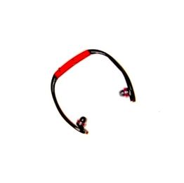 Schwarze Kopfhörer mit Nackenband und roten Details auf weißem Hintergrund.