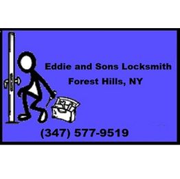 Stick figure locksmith with tool bag, "Eddie and Sons Locksmith Forest Hills, NY (347) 577-9519".