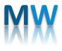 Blaue Buchstaben "MW" mit Spiegelbild darunter auf weißem Hintergrund.